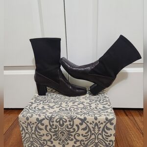 VINTAGE Stuart Weitzman Chocolate Brown Leather & Stretch Fabric Bootie  Size 8
